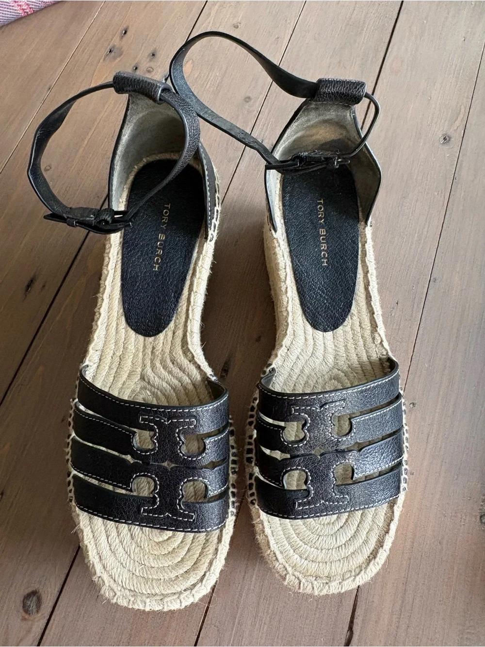 Tory Burch Black Leather Espadrille Wedges with Ankle Strap